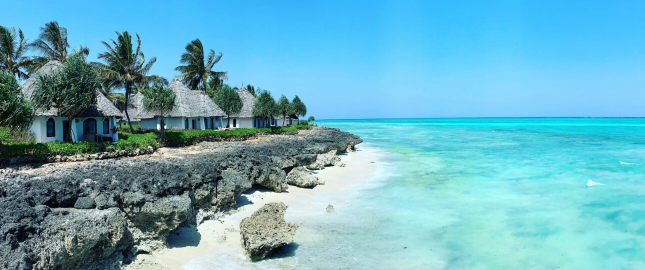 Zanzibar coastline with beach huts, palm trees, rocky shore, and clear turquoise ocean