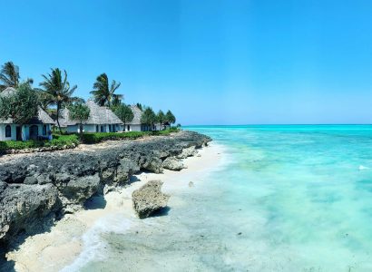 Zanzibar coastline with beach huts, palm trees, rocky shore, and clear turquoise ocean